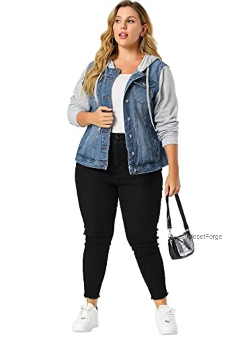 Plus Size Denim Jacket with Drawstring Hoodie Button Up